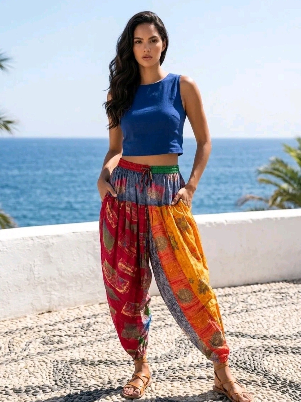 Jaded Gypsy Boho Wide-Leg Patchwork Pants in Red, Yellow & Blue